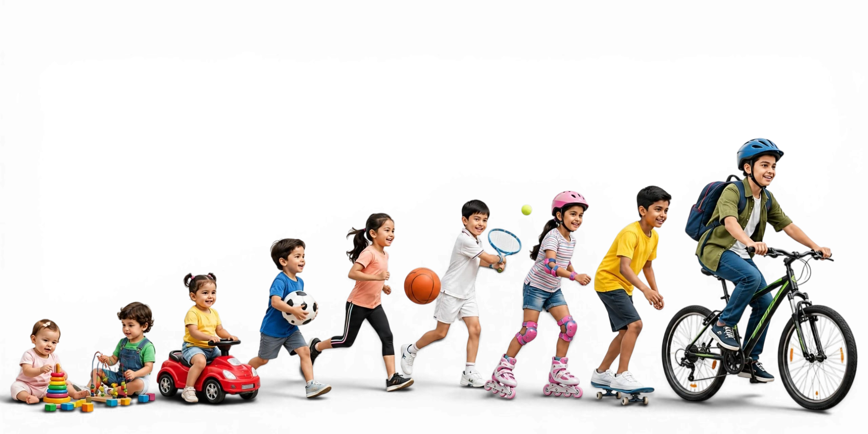 Illustration of children growing from a baby to a teenager, each playing with age-appropriate toys, sports gear, and a bicycle, against a soft blue-to-pink sky