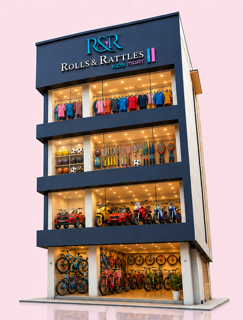 Rolls & Rattles Kids Mart showroom exterior in Poranki, Vijayawada